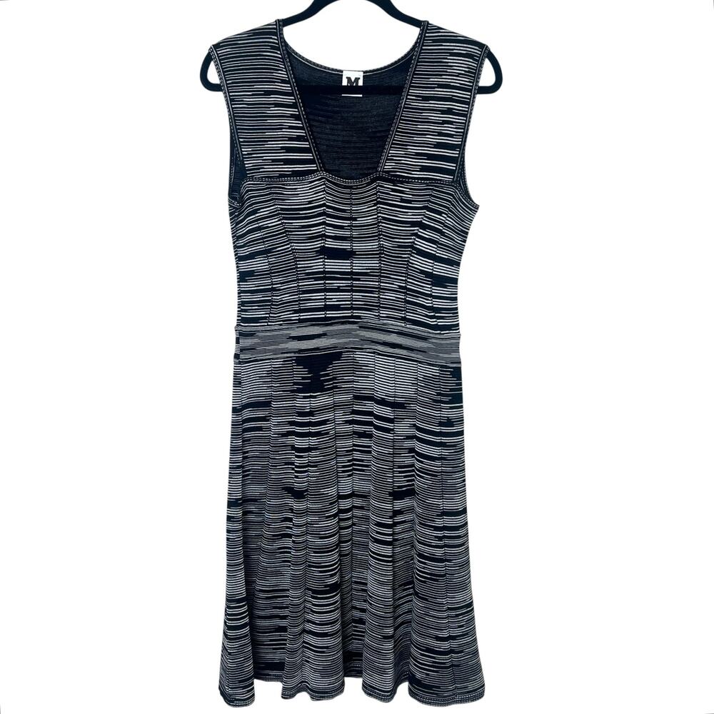 M Missoni Jacquard Knit Sleeveless Flare Skirt Midi Dress Black White Size 10